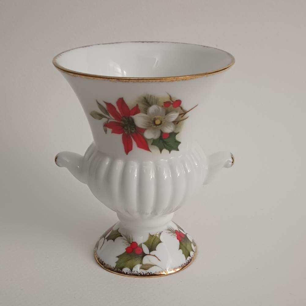 VTG Flambro Christmas Rose Gold Trim Small Vase Bone China